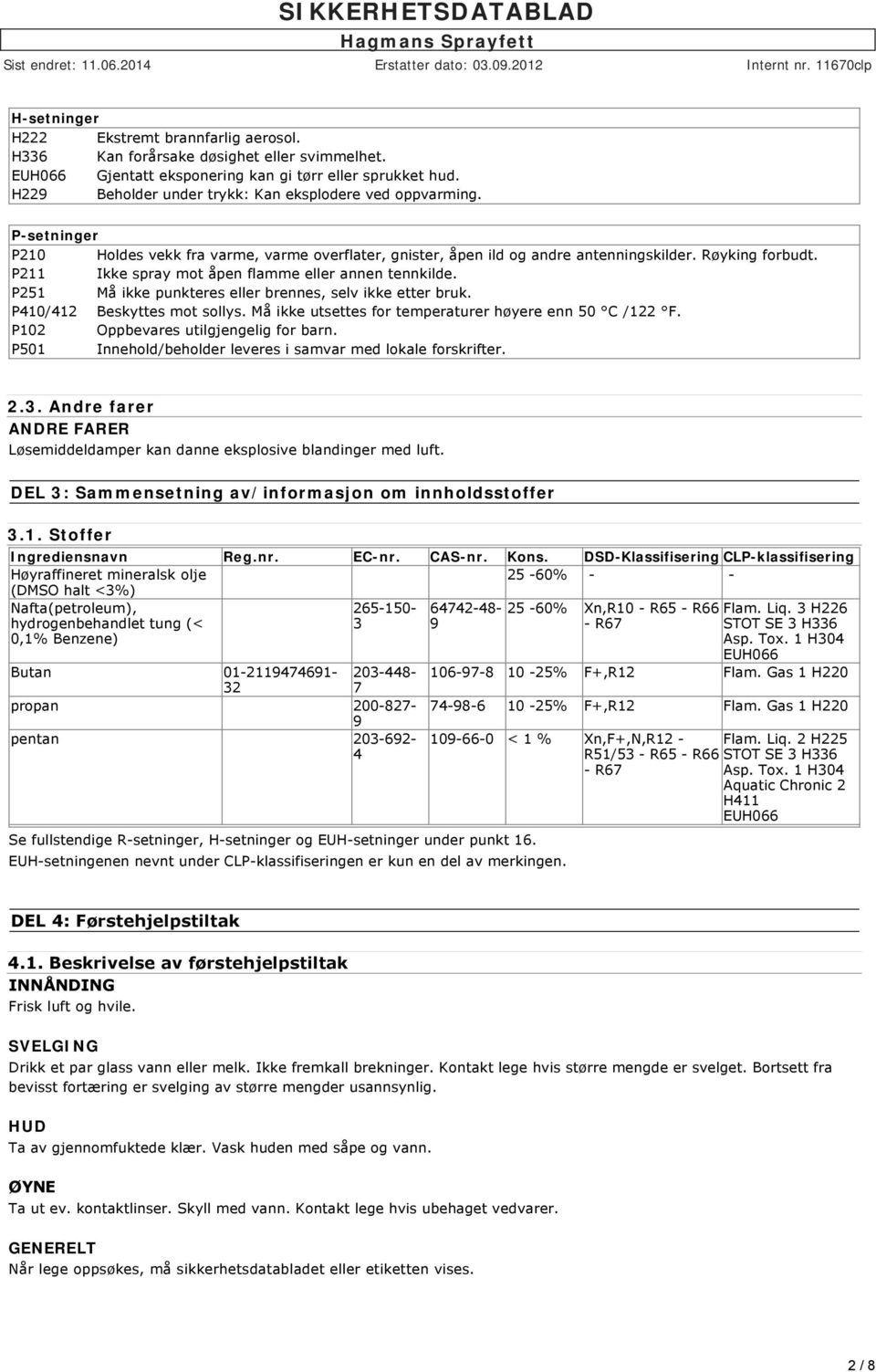 P211 Ikke spray mot åpen flamme eller annen tennkilde. P251 Må ikke punkteres eller brennes, selv ikke etter bruk. P410/412 Beskyttes mot sollys.