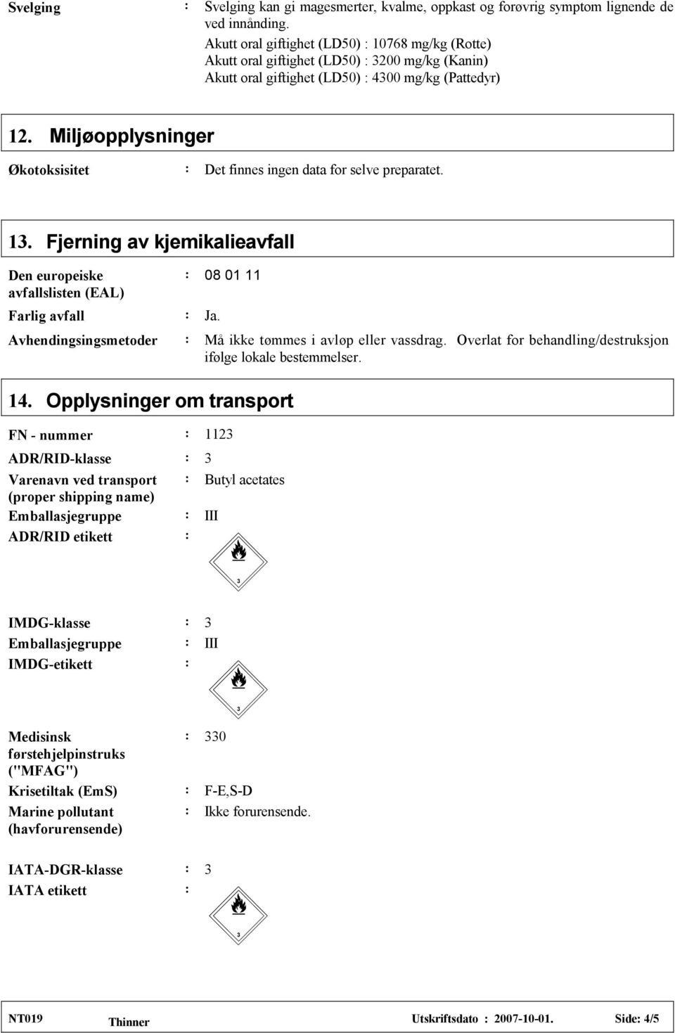 Miljøopplysninger Økotoksisitet Det finnes ingen data for selve preparatet. 1. Fjerning av kjemikalieavfall Den europeiske avfallslisten (EAL) Farlig avfall Ja. Avhendingsingsmetoder 08 01 11 14.