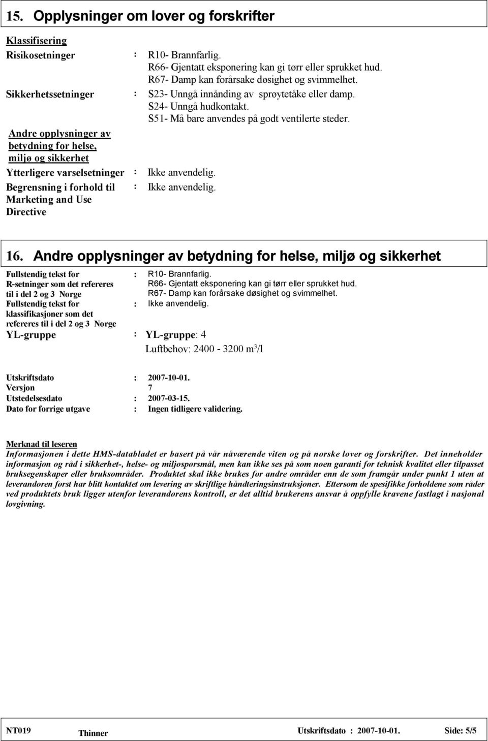 Andre opplysninger av betydning for helse, miljø og sikkerhet Ytterligere varselsetninger Ikke anvendelig. Begrensning i forhold til Marketing and Use Directive Ikke anvendelig. 16.