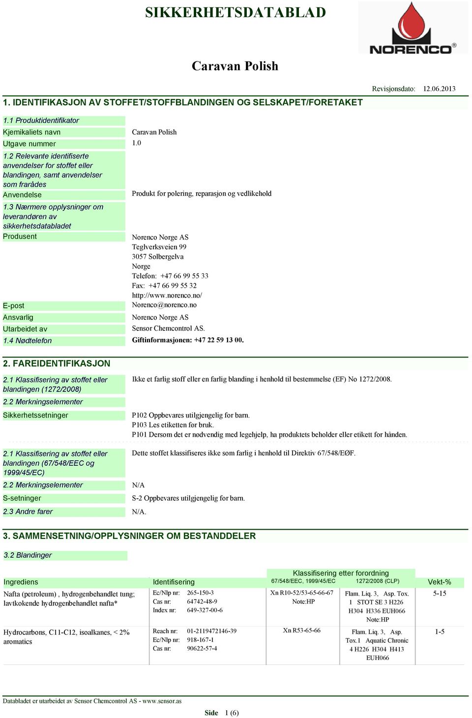 3 Nærmere opplysninger om leverandøren av sikkerhetsdatabladet Produsent E-post Ansvarlig Utarbeidet av Produkt for polering, reparasjon og vedlikehold Norenco Norge AS Teglverksveien 99 3057