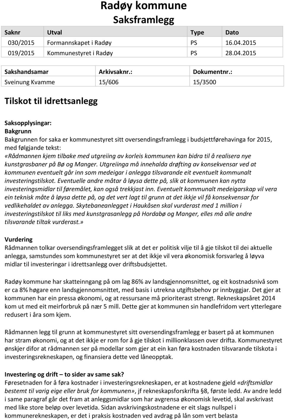 tekst: «Rådmannen kjem tilbake med utgreiing av korleis kommunen kan bidra til å realisera nye kunstgrasbaner på Bø og Manger.