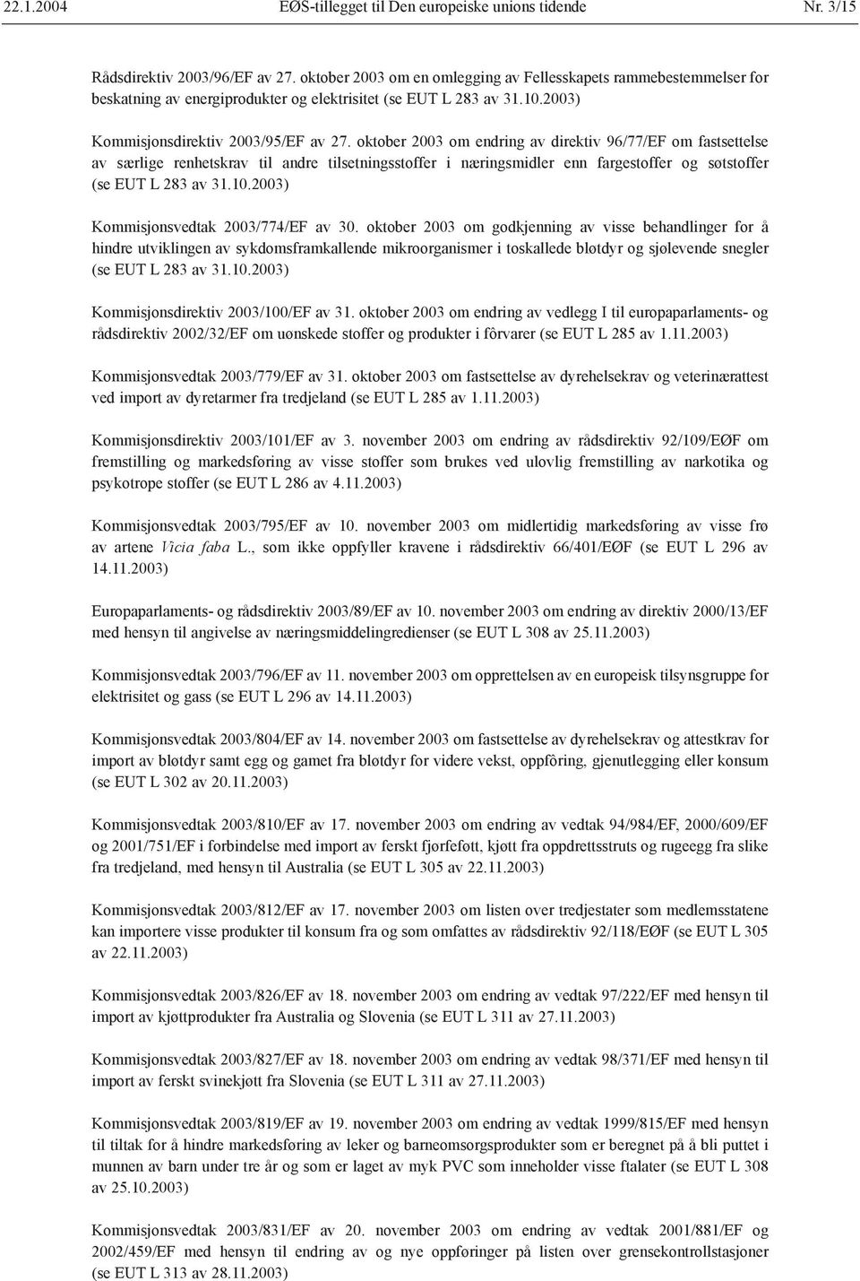 oktober 2003 om endring av direktiv 96/77/EF om fastsettelse av særlige renhetskrav til andre tilsetningsstoffer i næringsmidler enn fargestoffer og søtstoffer (se EUT L 283 av 31.10.