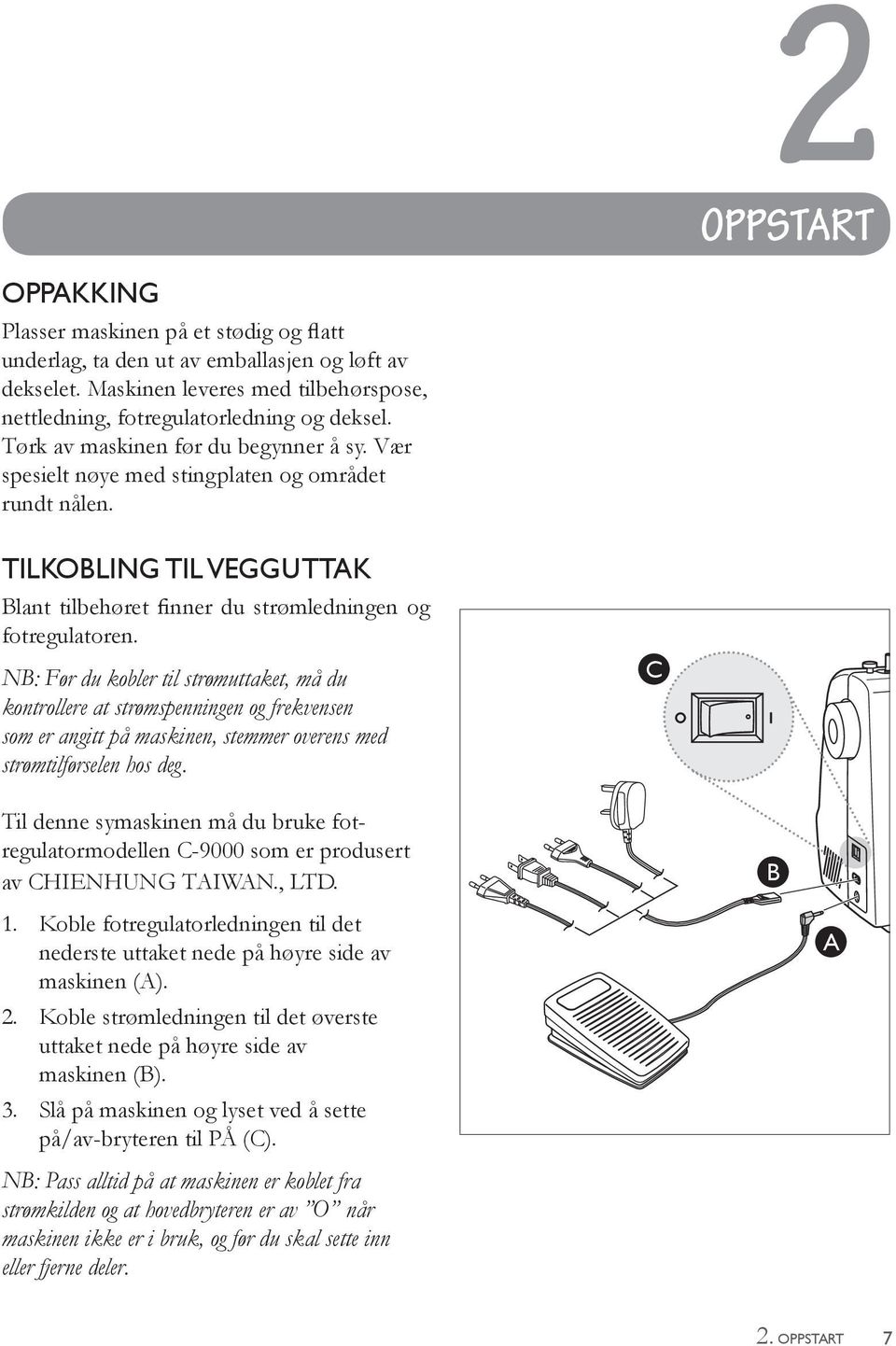 NB: Før du kobler til strømuttaket, må du kontrollere at strømspenningen og frekvensen som er angitt på maskinen, stemmer overens med strømtilførselen hos deg.