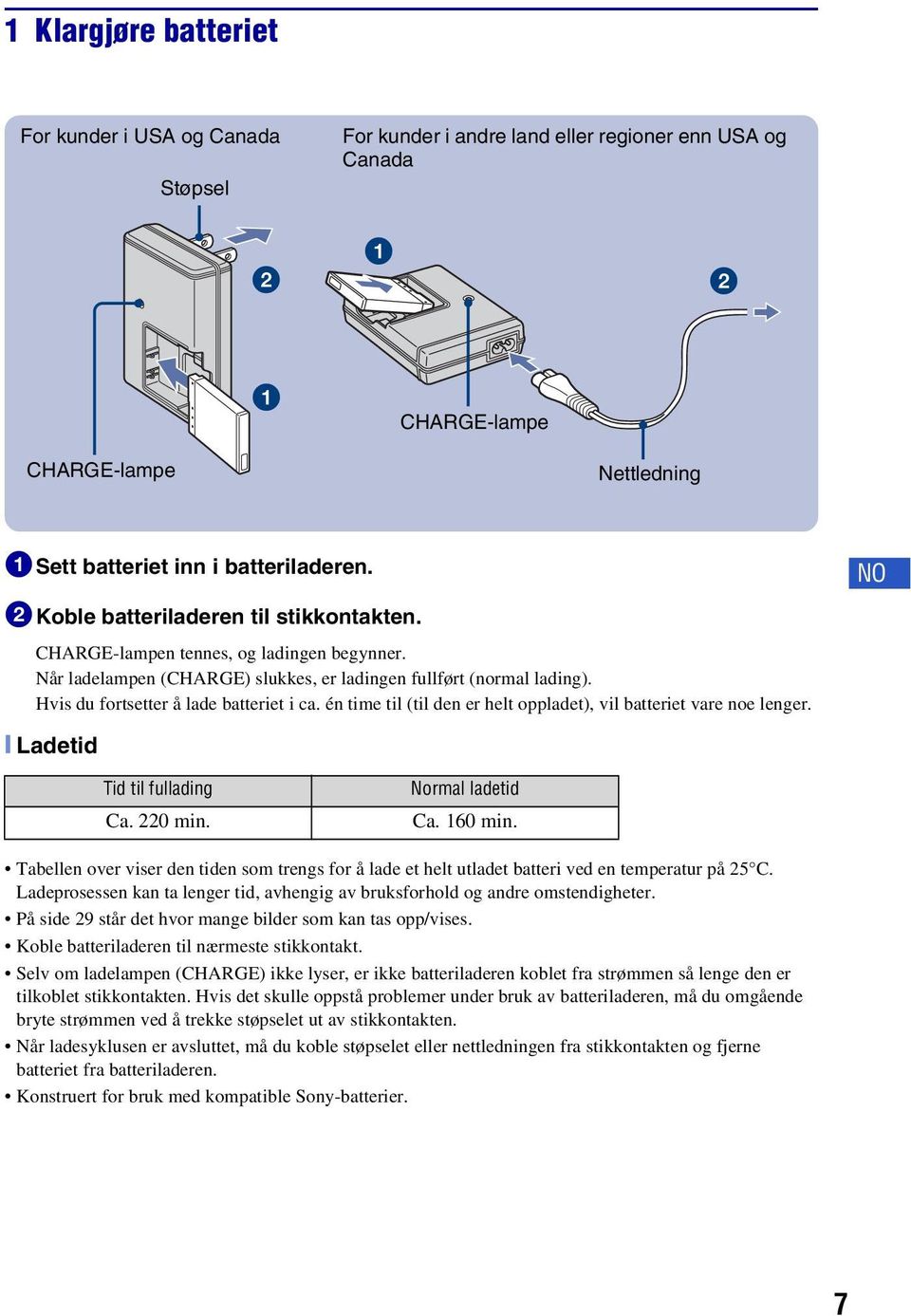 én time til (til den er helt oppladet), vil batteriet vare noe lenger. [ Ladetid NO Tid til fullading Ca. 220 min. Normal ladetid Ca. 160 min.