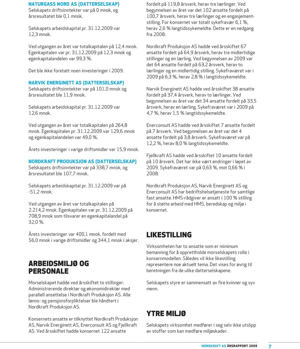 NarVik energinett as (DatterseLskap) Selskapets driftsinntekter var på 101,0 mnok og årsresultatet ble 11,9 mnok. Selskapets arbeidskapital pr. 31.12.2009 var 12,6 mnok.