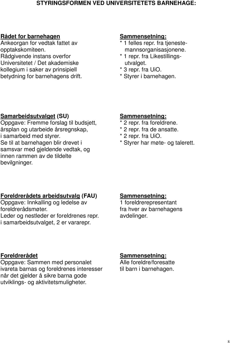 fra Likestillingsutvalget. * 3 repr. fra UiO. * Styrer i barnehagen. Samarbeidsutvalget (SU) Oppgave: Fremme forslag til budsjett, årsplan og utarbeide årsregnskap, i samarbeid med styrer.