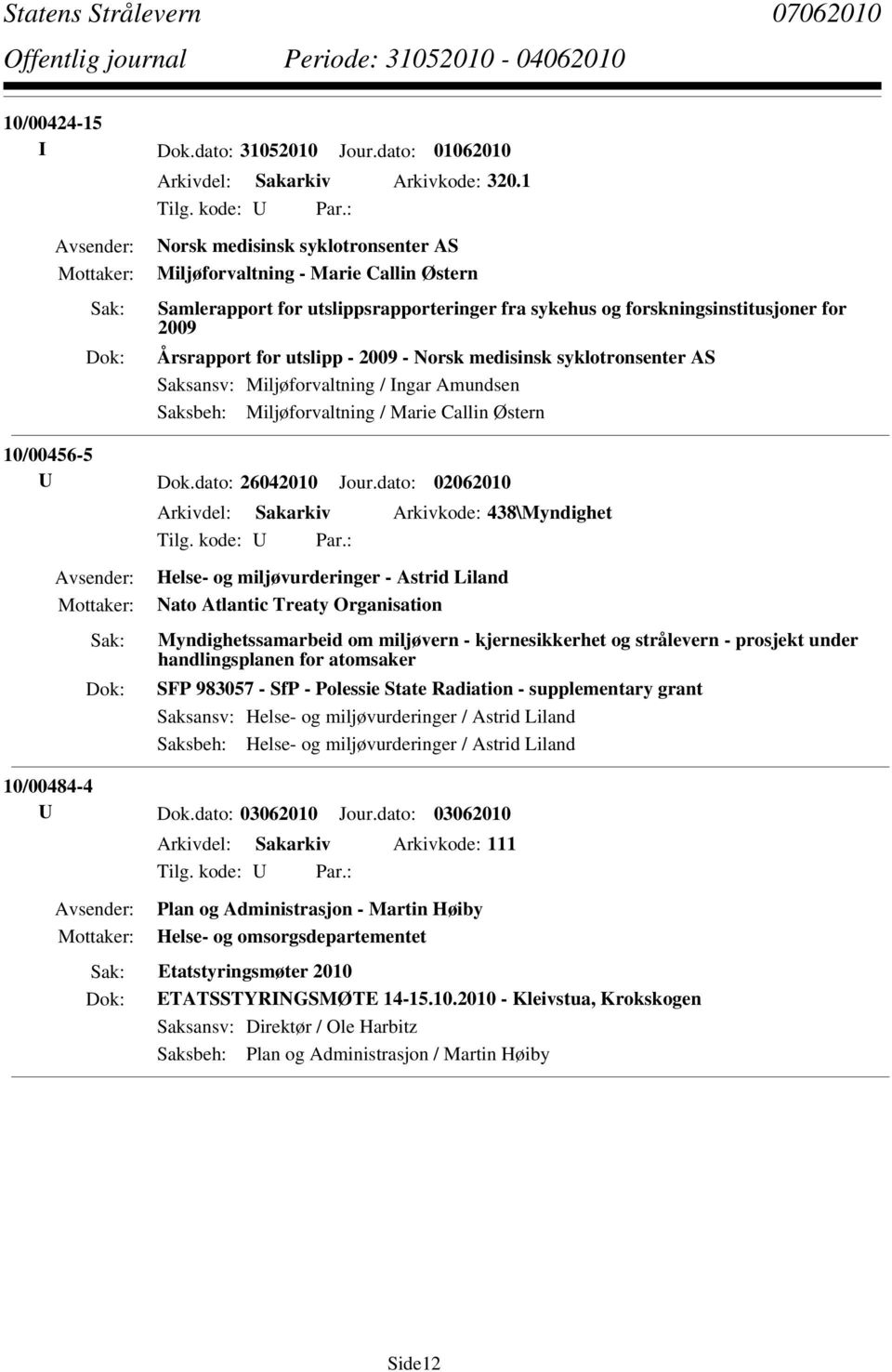 Norsk medisinsk syklotronsenter AS Saksansv: Miljøforvaltning / Ingar Amundsen Saksbeh: Miljøforvaltning / Marie Callin Østern 10/00456-5 U Dok.dato: 26042010 Jour.