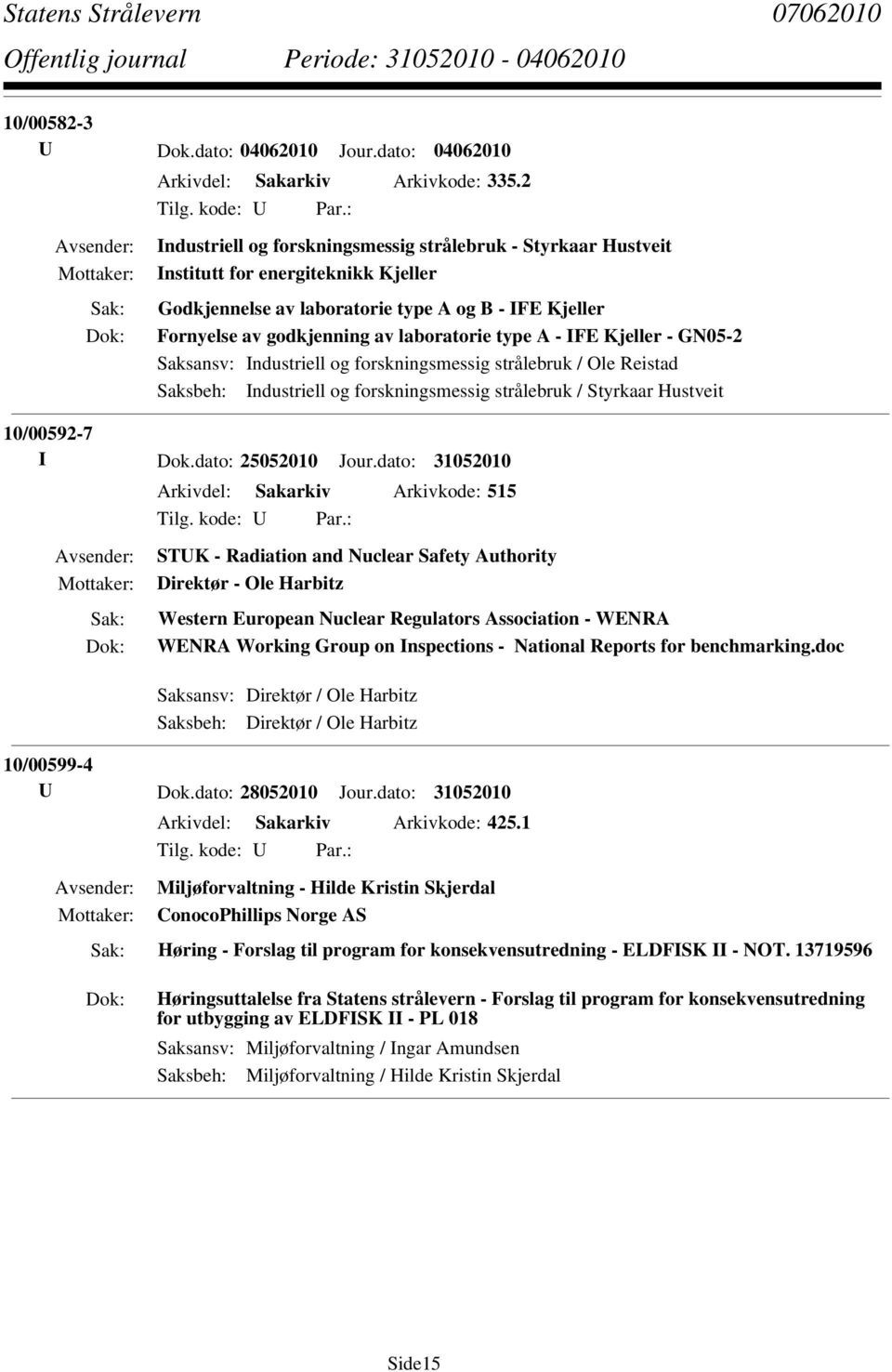 A - IFE Kjeller - GN05-2 Saksbeh: Industriell og forskningsmessig strålebruk / Styrkaar Hustveit 10/00592-7 I Dok.dato: 25052010 Jour.