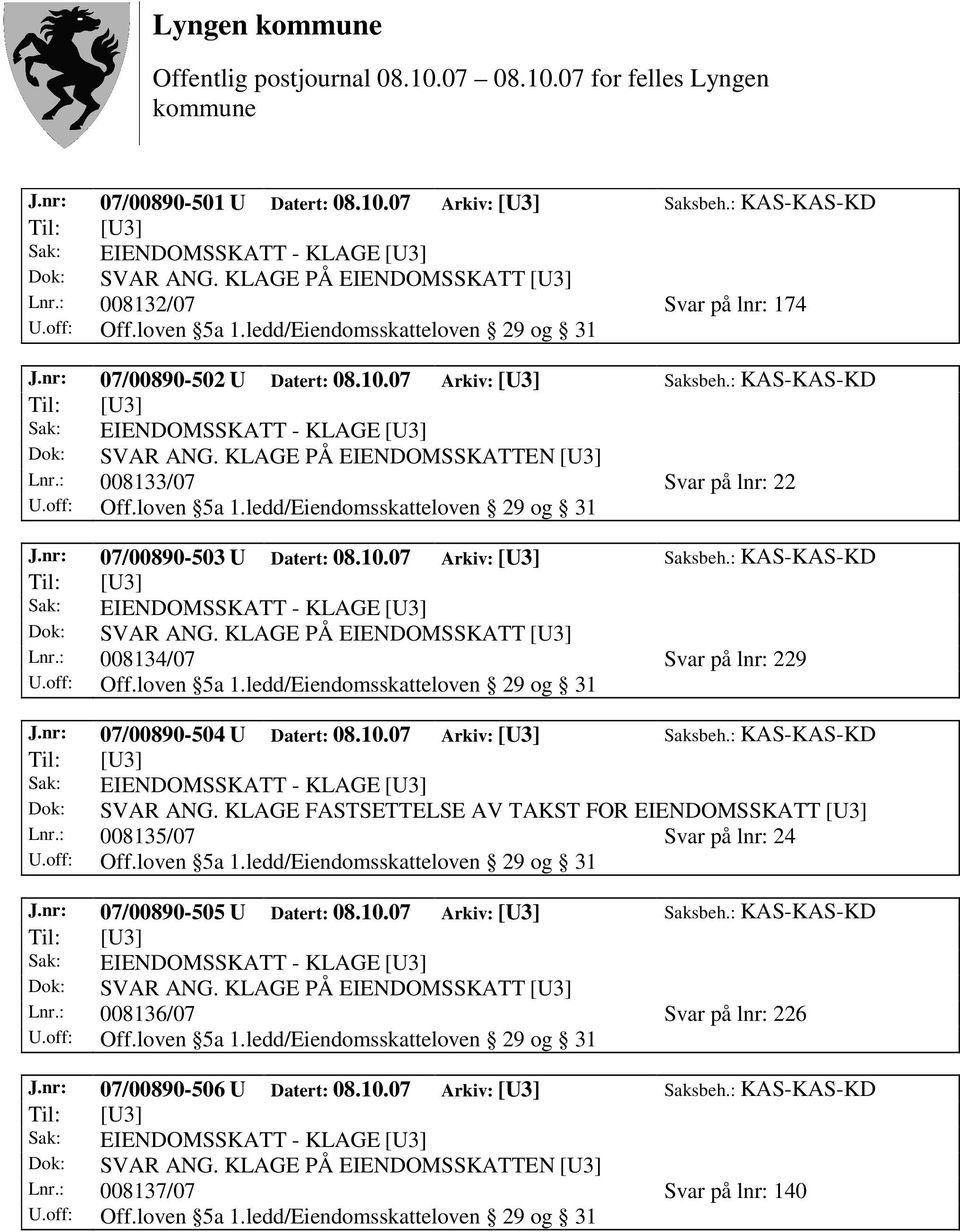 KLAGE FASTSETTELSE AV TAKST FOR EIENDOMSSKATT [U3] Lnr.: 008135/07 Svar på lnr: 24 J.nr: 07/00890-505 U Datert: 08.10.07 Arkiv: [U3] Saksbeh.: KAS-KAS-KD Lnr.