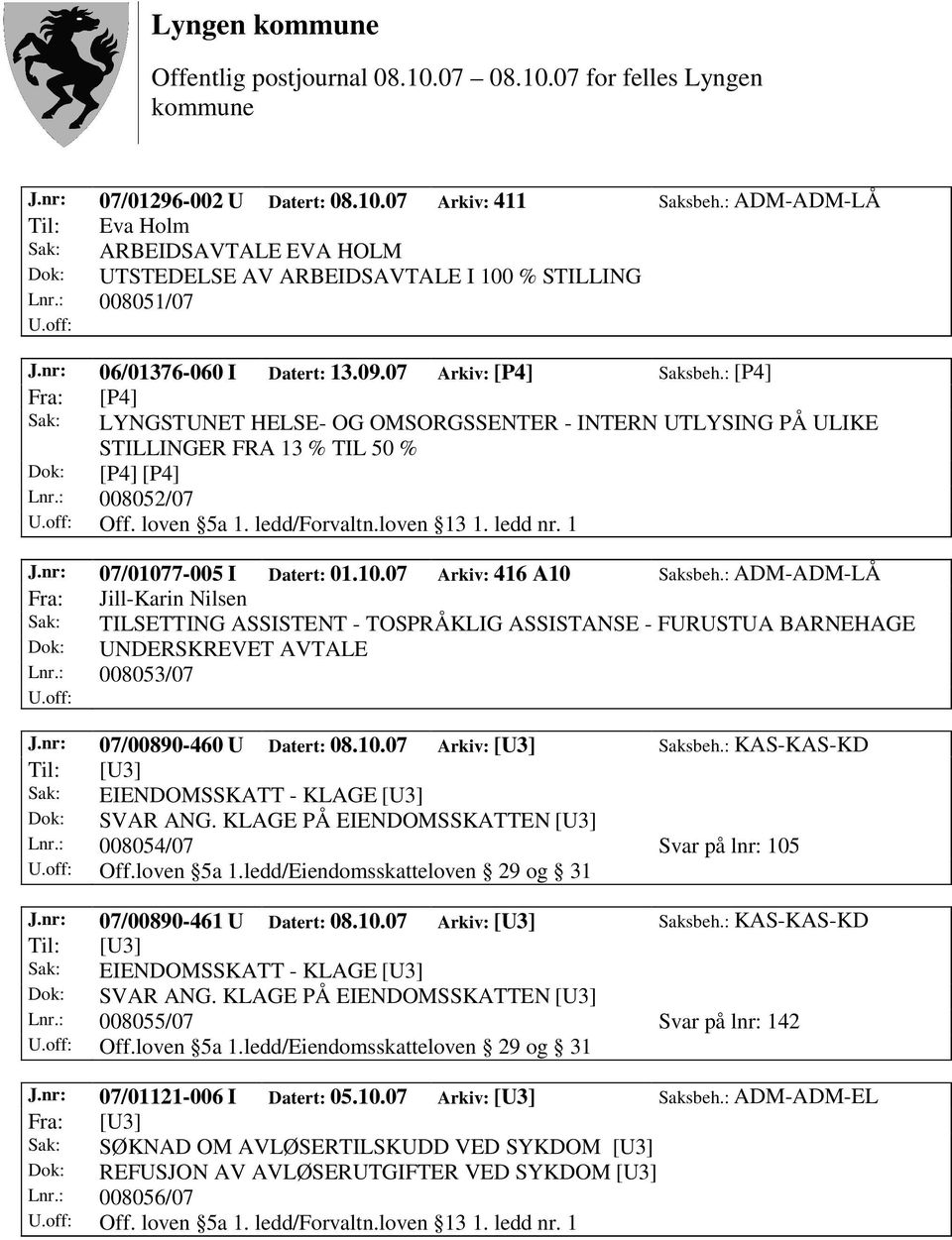 : 008052/07 Off. loven 5a 1. ledd/forvaltn.loven 13 1. ledd nr. 1 J.nr: 07/01077-005 I Datert: 01.10.07 Arkiv: 416 A10 Saksbeh.