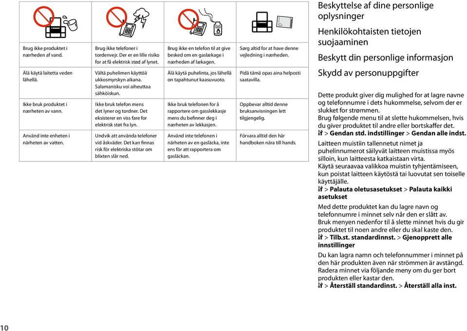 Ikke bruk telefon mens det lyner og tordner. Det eksisterer en viss fare for elektrisk støt fra lyn. Undvik att använda telefoner vid åskväder.