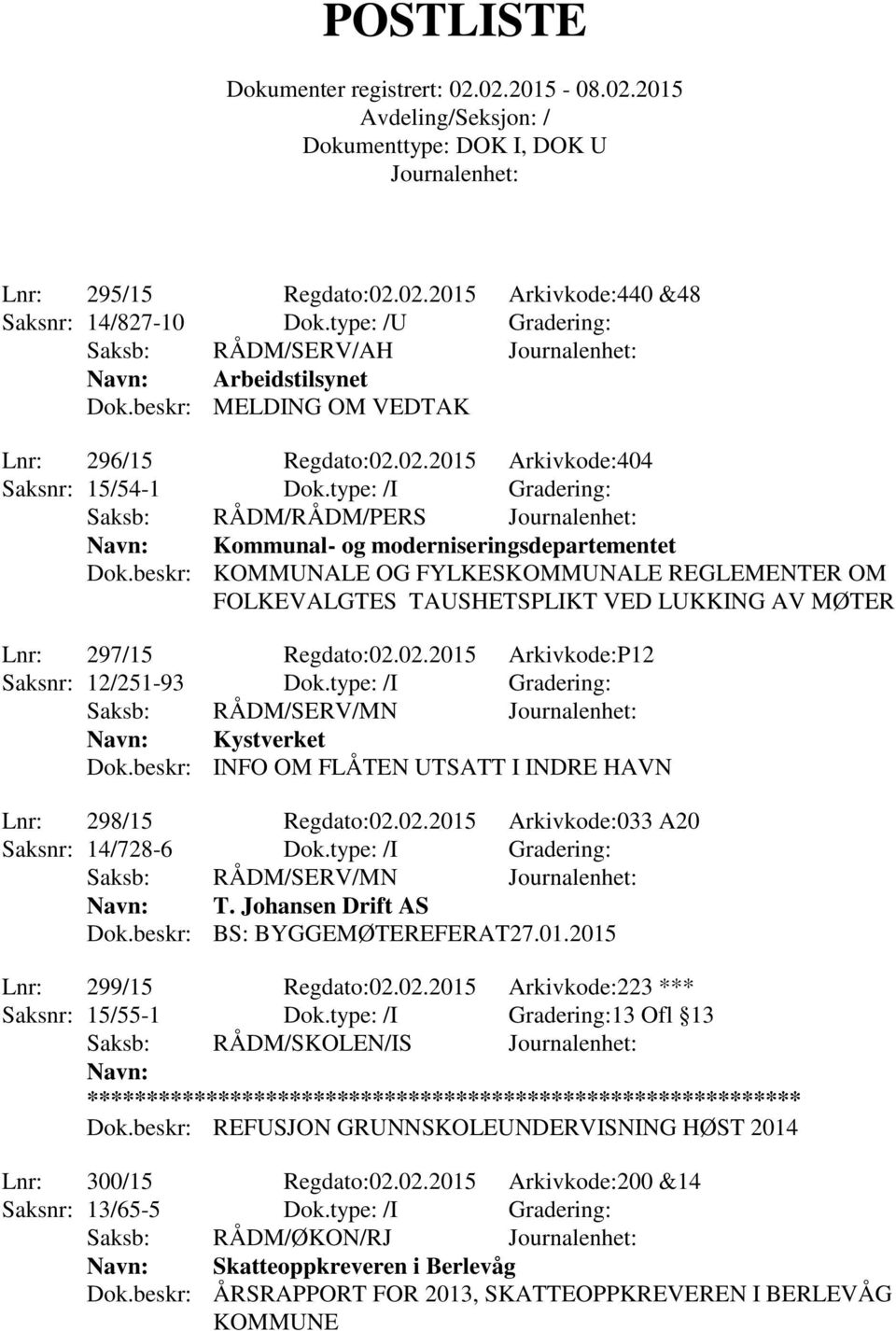 02.2015 Arkivkode:P12 Saksnr: 12/251-93 Dok.type: /I Gradering: Saksb: RÅDM/SERV/MN Navn: Kystverket Dok.beskr: INFO OM FLÅTEN UTSATT I INDRE HAVN Lnr: 298/15 Regdato:02.02.2015 Arkivkode:033 A20 Saksnr: 14/728-6 Dok.