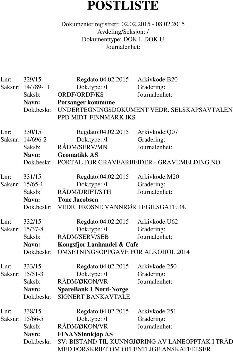 beskr: PORTAL FOR GRAVEARBEIDER - GRAVEMELDING.NO Lnr: 331/15 Regdato:04.02.2015 Arkivkode:M20 Saksnr: 15/65-1 Dok.type: /I Gradering: Saksb: RÅDM/DRIFT/STH Navn: Tone Jacobsen Dok.beskr: VEDR.