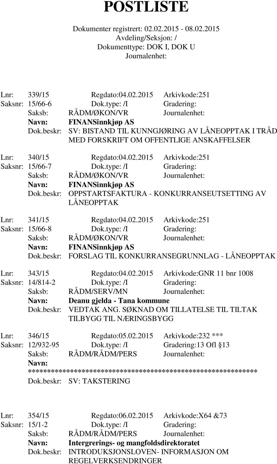 type: /I Gradering: Navn: FINANSinnkjøp AS Dok.beskr: OPPSTARTSFAKTURA - KONKURRANSEUTSETTING AV LÅNEOPPTAK Lnr: 341/15 Regdato:04.02.2015 Arkivkode:251 Saksnr: 15/66-8 Dok.