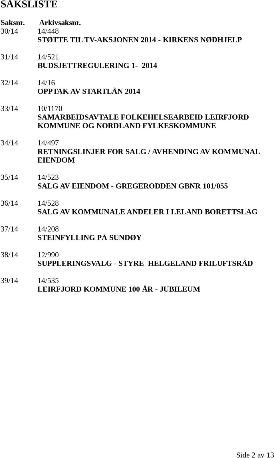 SAMARBEIDSAVTALE FOLKEHELSEARBEID LEIRFJORD KOMMUNE OG NORDLAND FYLKESKOMMUNE 34/14 14/497 RETNINGSLINJER FOR SALG / AVHENDING AV KOMMUNAL EIENDOM