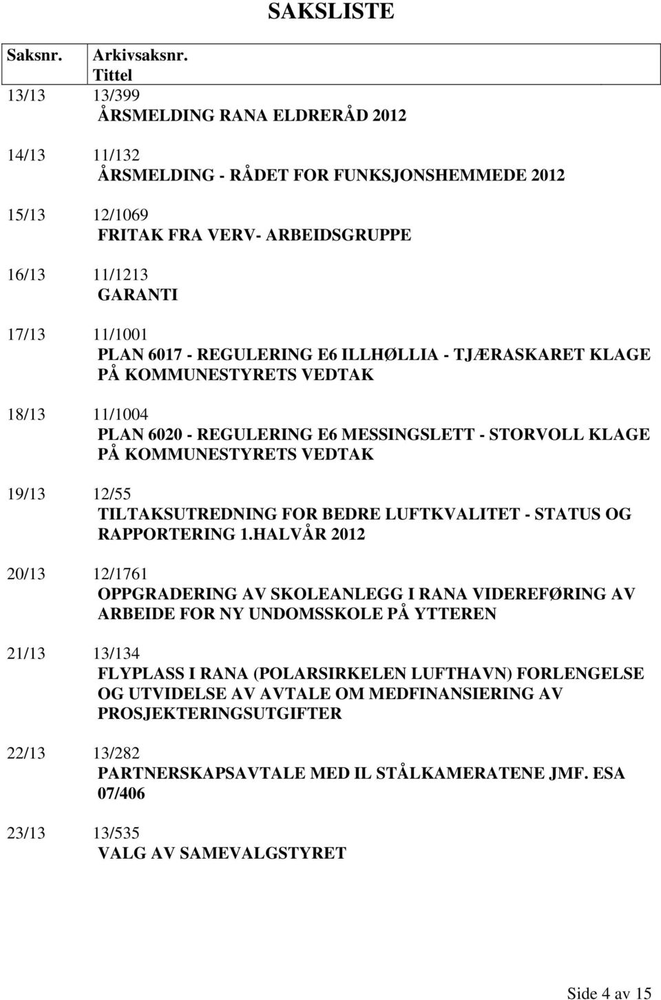 - REGULERING E6 ILLHØLLIA - TJÆRASKARET KLAGE PÅ KOMMUNESTYRETS VEDTAK 18/13 11/1004 PLAN 6020 - REGULERING E6 MESSINGSLETT - STORVOLL KLAGE PÅ KOMMUNESTYRETS VEDTAK 19/13 12/55 TILTAKSUTREDNING FOR