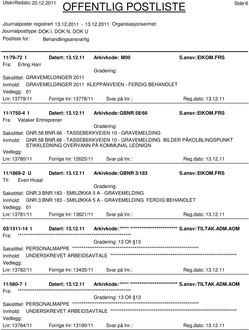 11 11/1750-4 I Datert: 13.12.11 Arkivkode:GBNR 58/66 Fra: Vataker Entreprenør Sakstittel: GNR.58 BNR.