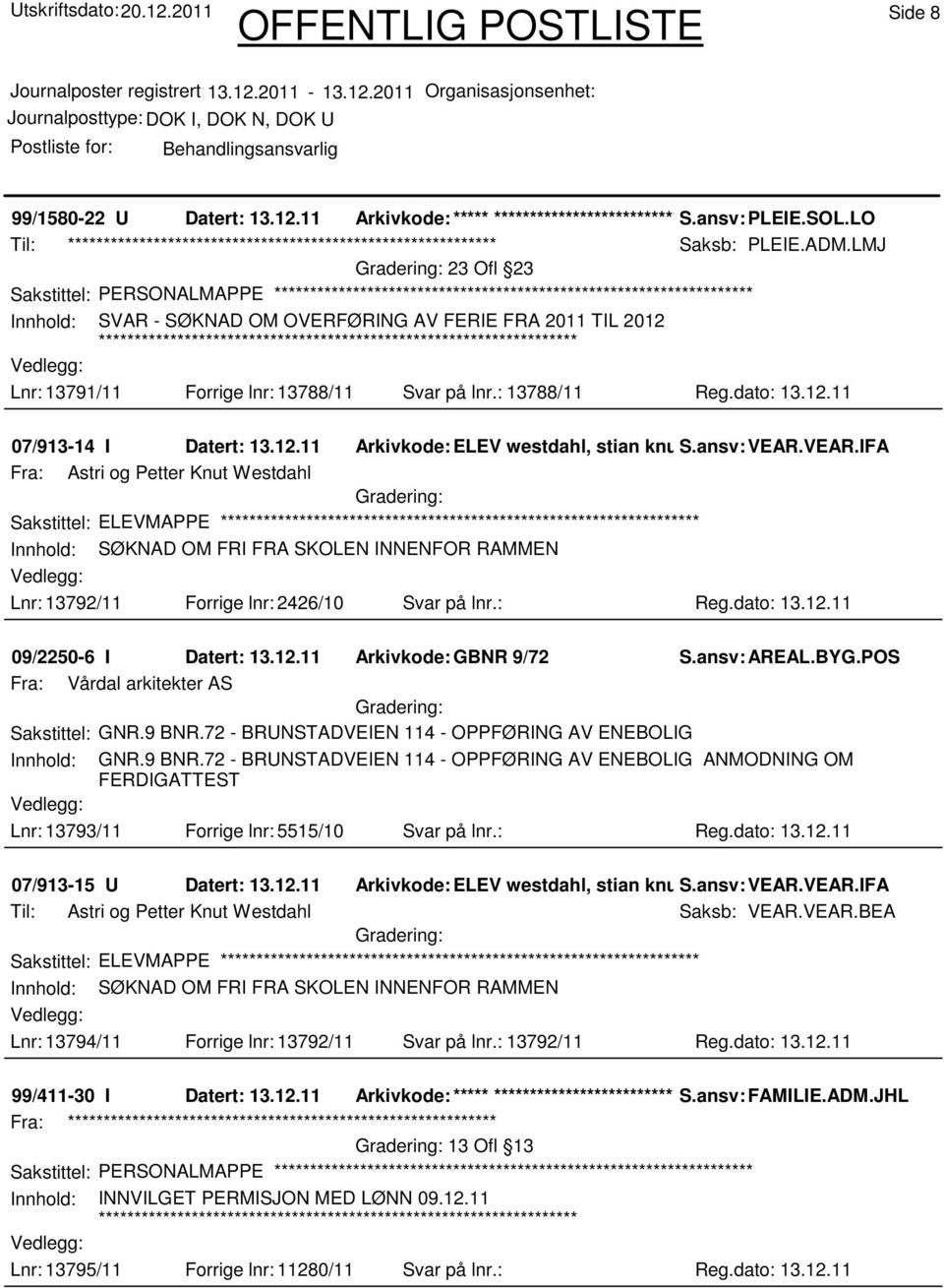 ansv: valen VEAR.VEAR.IFA Fra: Astri og Petter Knut Westdahl Sakstittel: ELEVMAPPE Innhold: SØKNAD OM FRI FRA SKOLEN INNENFOR RAMMEN Lnr: 13792/11 Forrige lnr: 2426/10 Svar på lnr.: Reg.dato: 13.12.