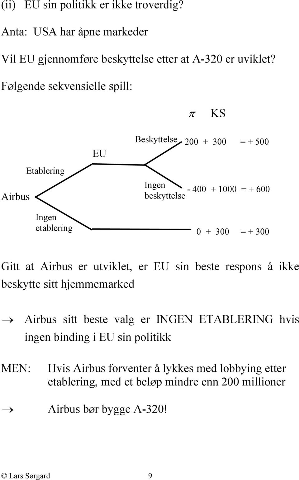 300 = + 300 Gitt at Airbus er utviklet, er EU sin beste respons å ikke beskytte sitt hjemmemarked Airbus sitt beste valg er INGEN ETABLERING hvis