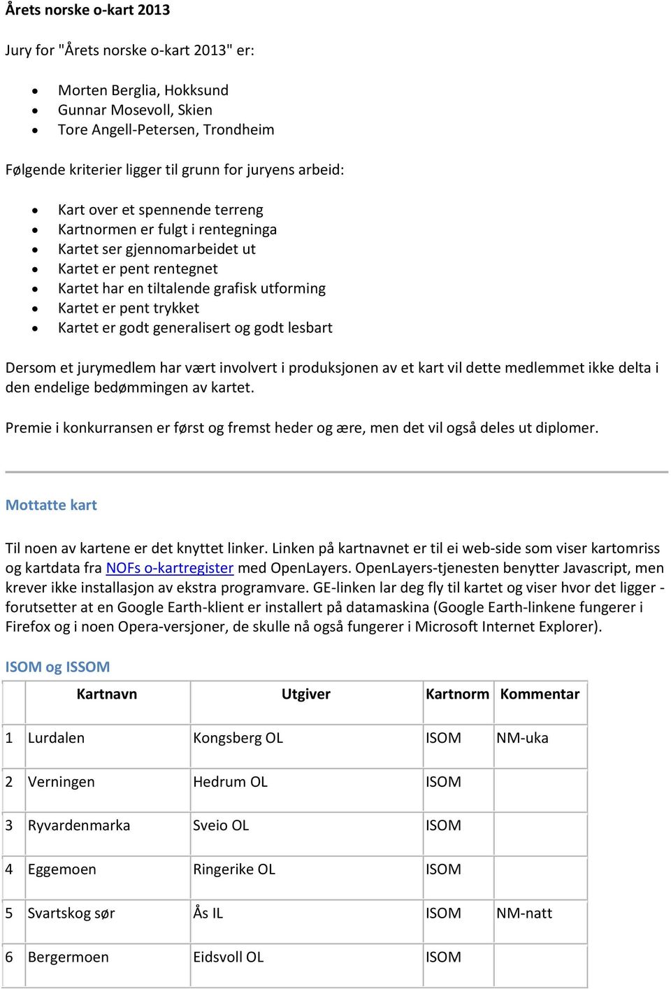 Kartet er godt generalisert og godt lesbart Dersom et jurymedlem har vært involvert i produksjonen av et kart vil dette medlemmet ikke delta i den endelige bedømmingen av kartet.