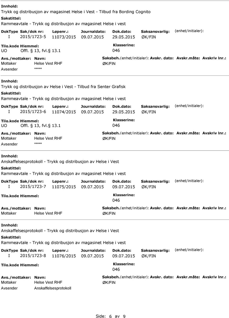 2015 O Mottaker ***** Anskaffelsesprotokoll - Trykk og distribusjon av Helse i Vest 2015/1723-7 11075/2015 Mottaker