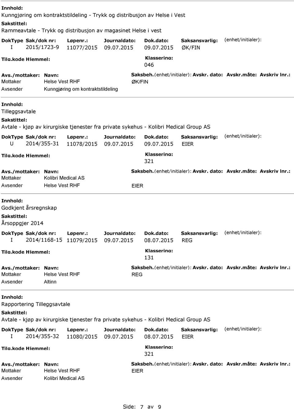 11078/2015 Mottaker Kolibri Medical AS Godkjent årsregnskap Årsoppgjer 2014 2014/1168-15 11079/2015 REG 131 Mottaker REG Altinn