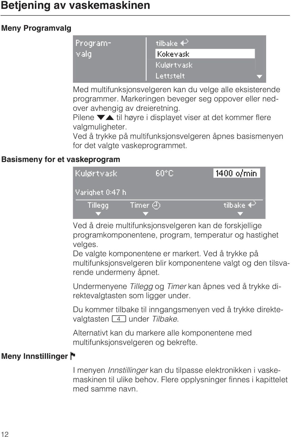 Ved å trykke på multifunksjonsvelgeren åpnes basismenyen for det valgte vaskeprogrammet.