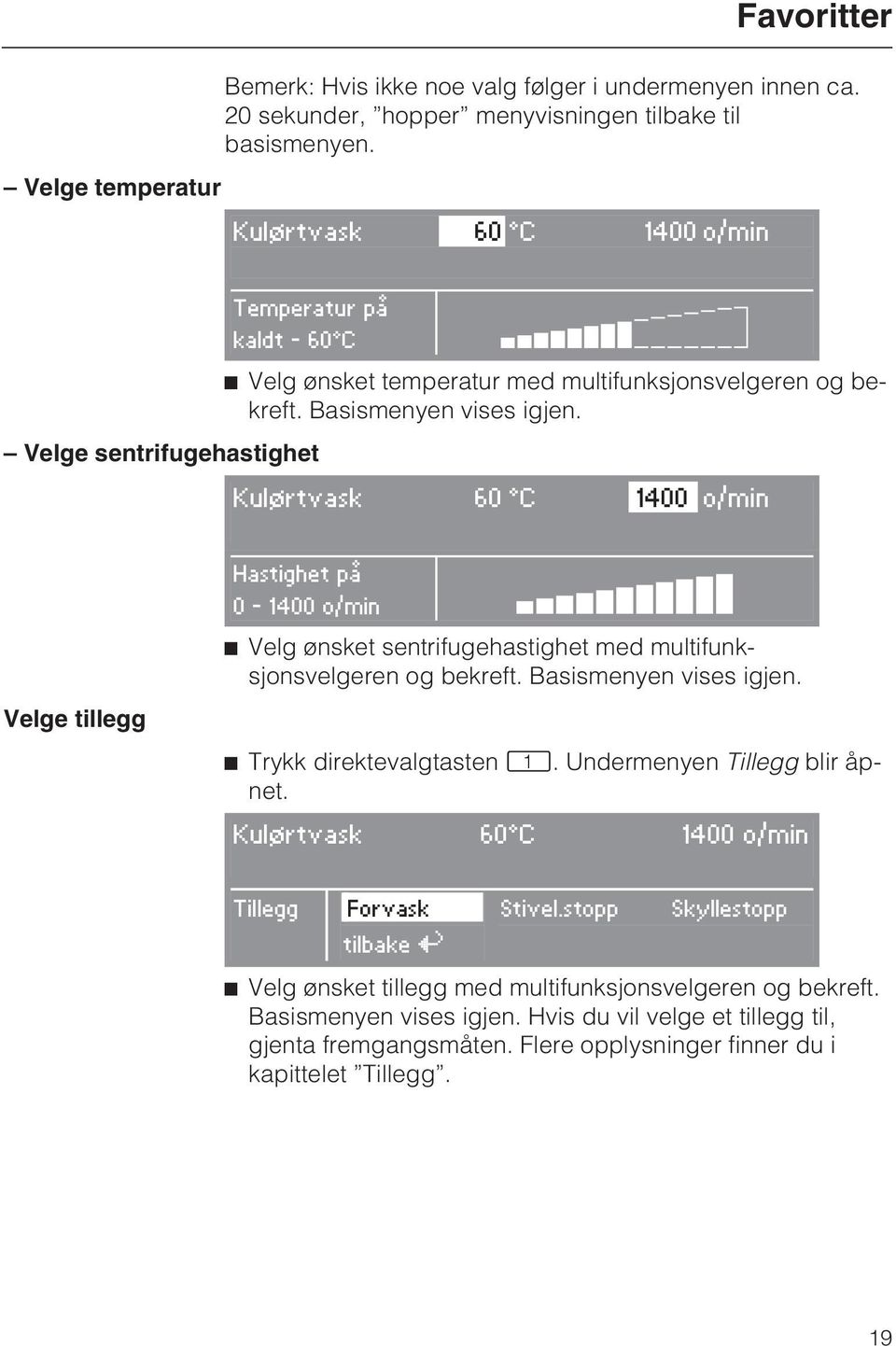 Velge sentrifugehastighet Kulørtvask 60 C 1400 o/min Favoritter Velge tillegg Hastighet på 0-1400 o/min t ^ Velg ønsket sentrifugehastighet med multifunksjonsvelgeren og bekreft.