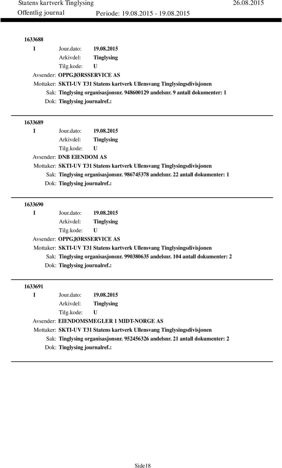 22 antall dokumenter: 1 Dok: journalref.: 1633690 Avsender: OPPGJØRSSERVICE AS Mottaker: SKTI-V T31 Statens kartverk llensvang sdivisjonen Sak: organisasjonsnr. 990380635 andelsnr.