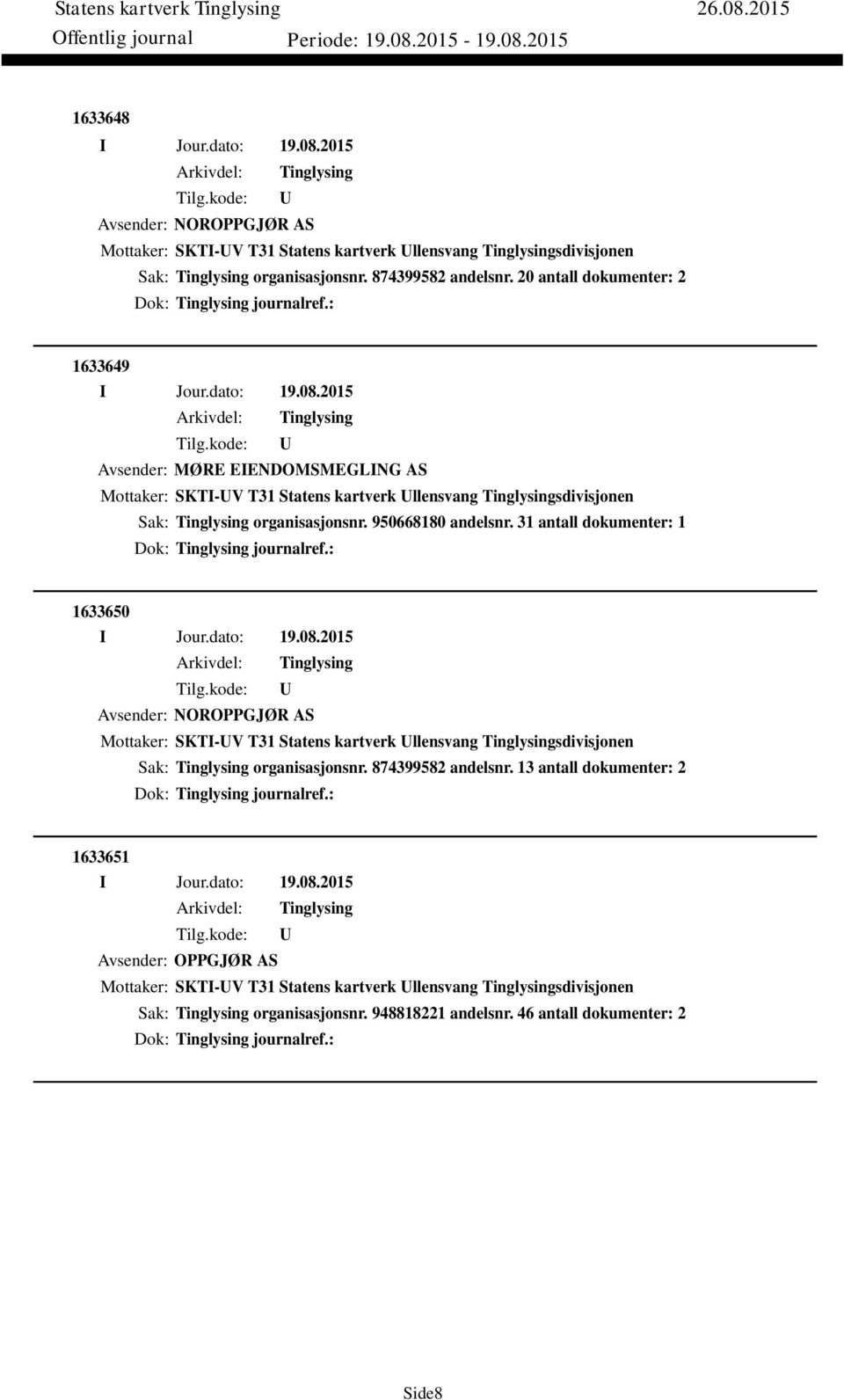 31 antall dokumenter: 1 Dok: journalref.: 1633650 Avsender: NOROPPGJØR AS Mottaker: SKTI-V T31 Statens kartverk llensvang sdivisjonen Sak: organisasjonsnr. 874399582 andelsnr.