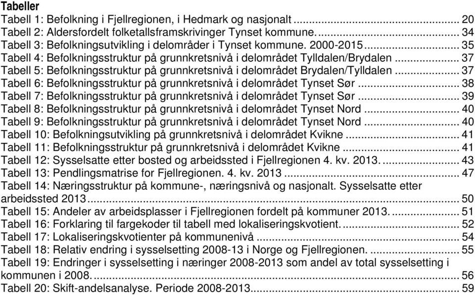 .. 37 Tabell 5: Befolkningsstruktur på grunnkretsnivå i delområdet Brydalen/Tylldalen... 37 Tabell 6: Befolkningsstruktur på grunnkretsnivå i delområdet Tynset Sør.