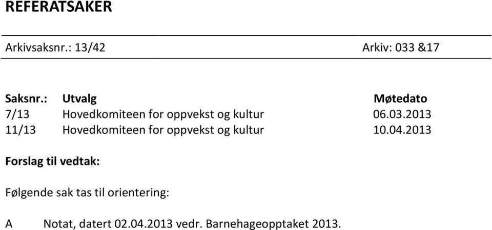 2013 11/13 Hovedkomiteen for oppvekst og kultur 10.04.