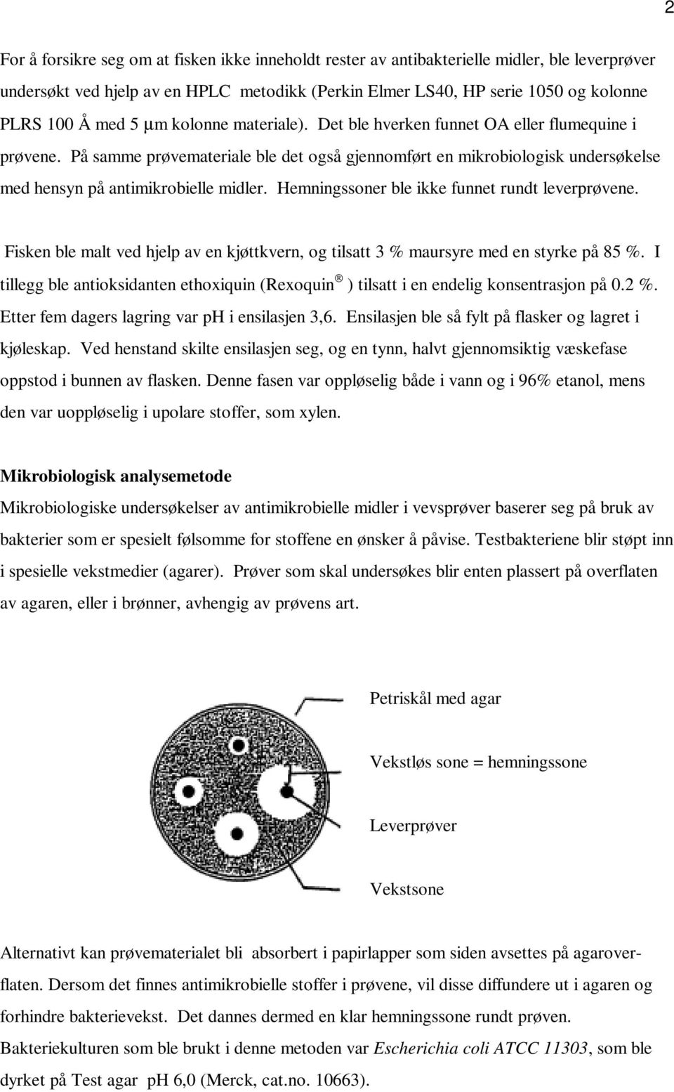 Hemningssoner ble ikke funnet rundt leverprøvene. Fisken ble malt ved hjelp av en kjøttkvern, og tilsatt 3 % maursyre med en styrke på 85 %.