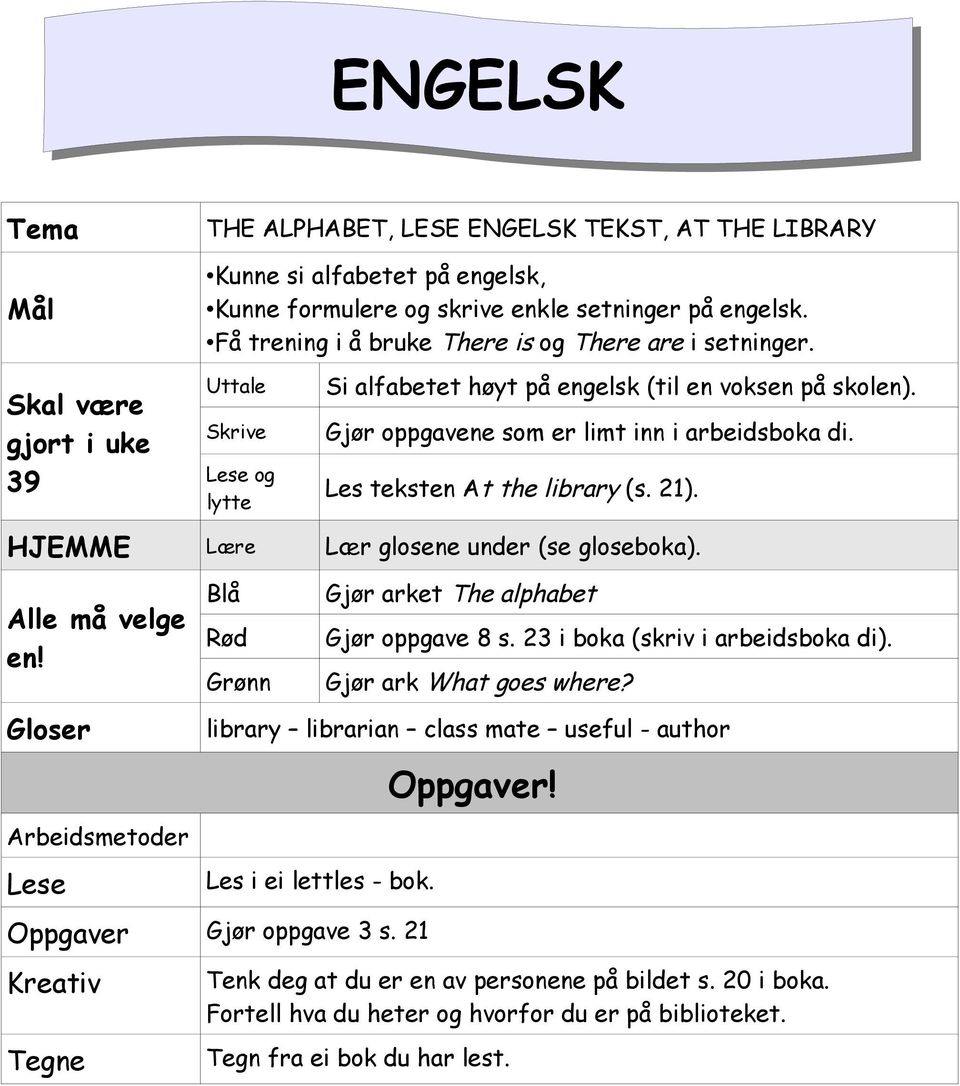 HJEMME Lære Lær glosene under (se gloseboka). Alle må velge en! Gloser Lese Blå Rød Grønn Gjør arket The alphabet Gjør oppgave 8 s. 23 i boka (skriv i arbeidsboka di). Gjør ark What goes where?