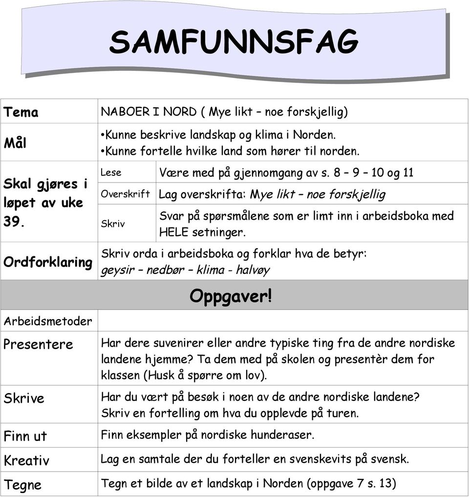 8 9 10 og 11 Overskrift Skriv Lag overskrifta: Mye likt noe forskjellig Svar på spørsmålene som er limt inn i arbeidsboka med HELE setninger.