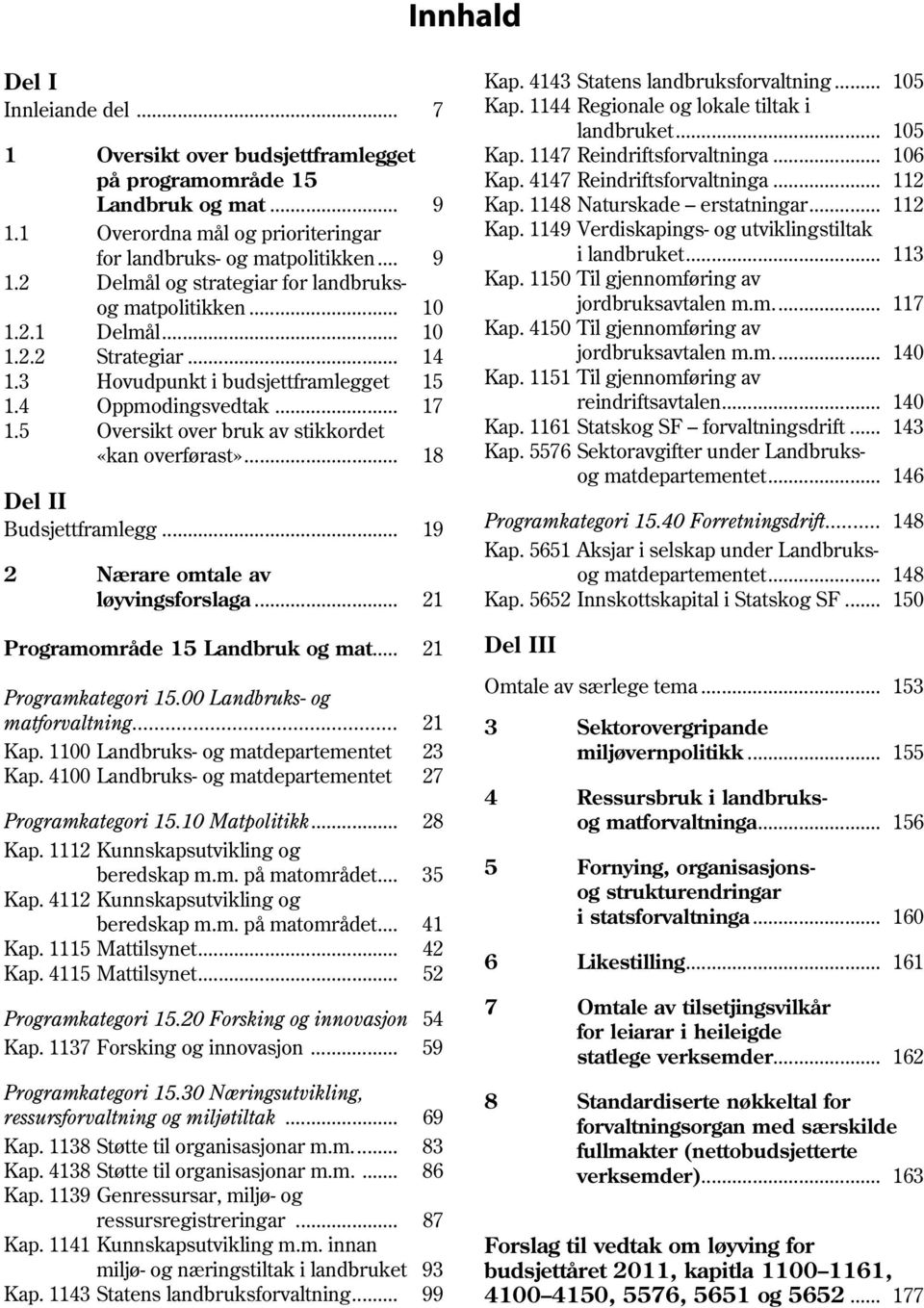 .. 19 2 Nærare omtale av løyvingsforslaga... 21 Programområde 15 Landbruk og mat... 21 Programkategori 15.00 Landbruks- og matforvaltning... 21 Kap. 1100 23 Kap. 4100 27 Programkategori 15.