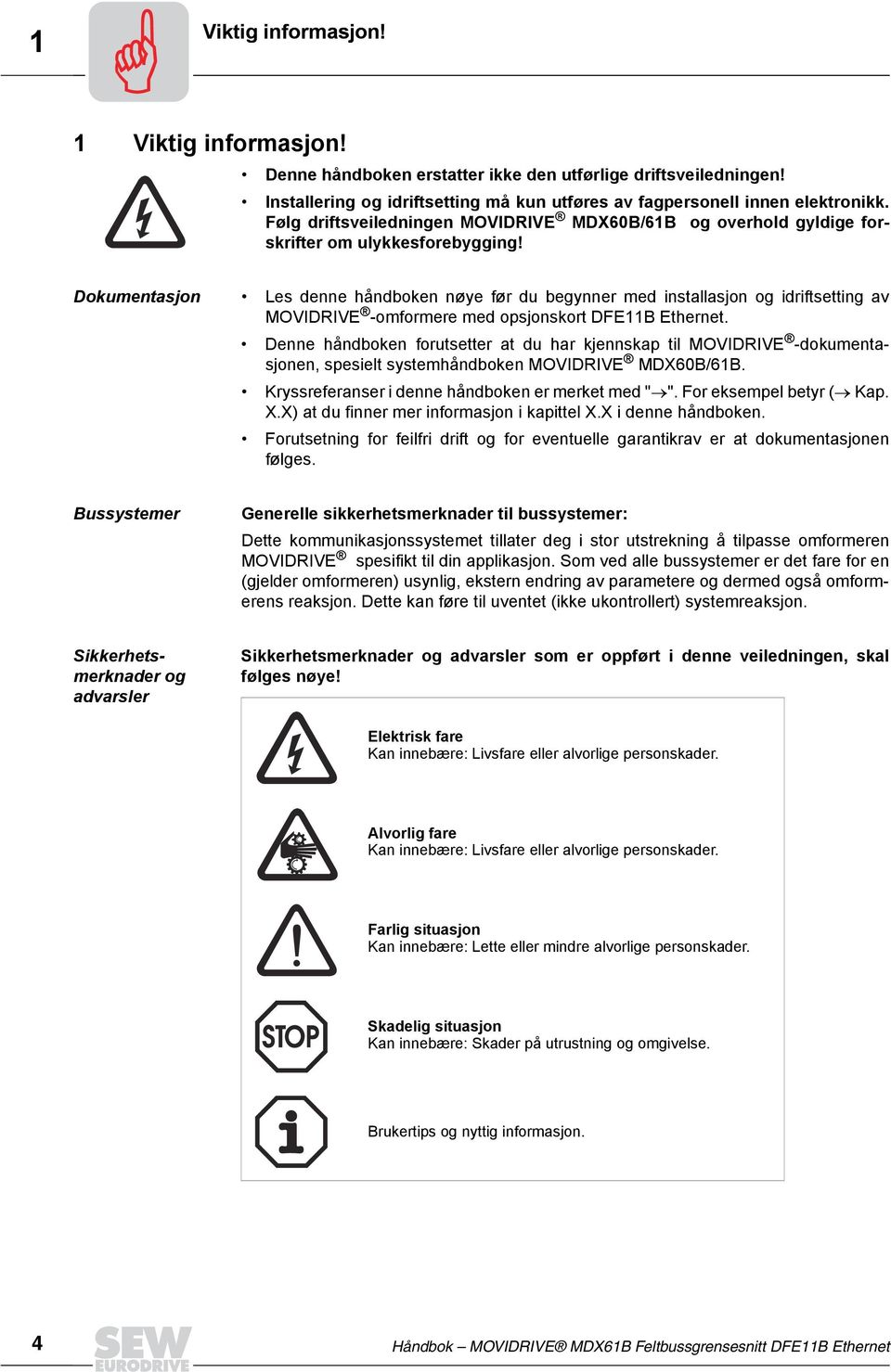 Dokumentasjon Les denne håndboken nøye før du begynner med installasjon og idriftsetting av MOVIDRIVE -omformere med opsjonskort DFE11B Ethernet.