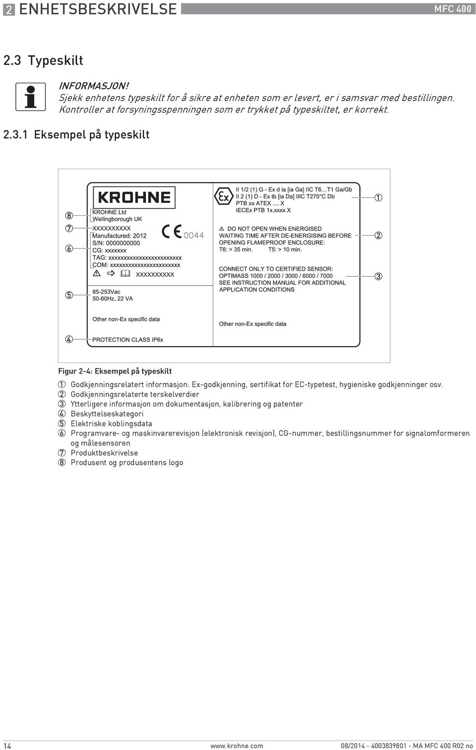 1 Eksempel på typeskilt Figur 2-4: Eksempel på typeskilt 1 Godkjenningsrelatert informasjon: Ex-godkjenning, sertifikat for EC-typetest, hygieniske godkjenninger osv.