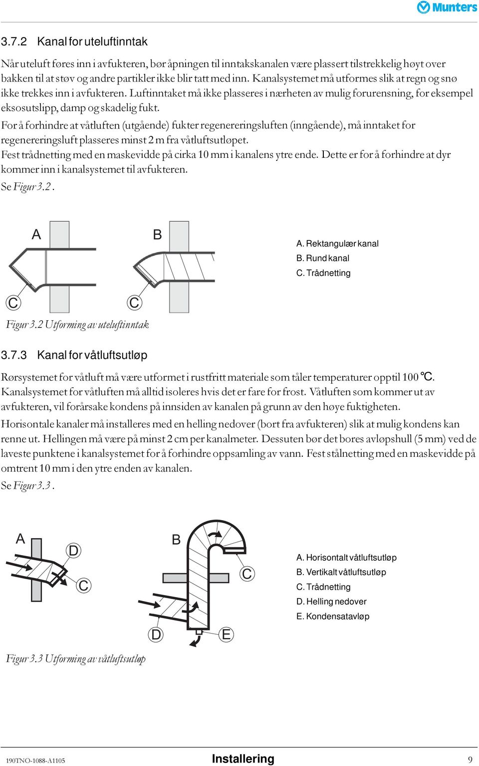 For å forhindre at våtluften (utgående) fukter regenereringsluften (inngående), må inntaket for regenereringsluft plasseres minst 2 m fra våtluftsutløpet.