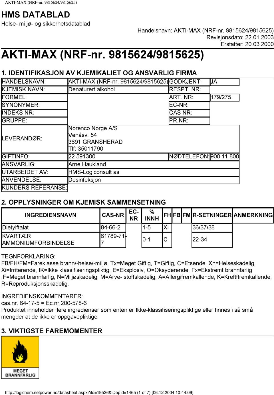 NR: 179/275 SYNONYMER: ECNR: INDEKS NR: CAS NR: GRUPPE: PR.NR: Norenco Norge A/S LEVERANDØR: Venåsv.