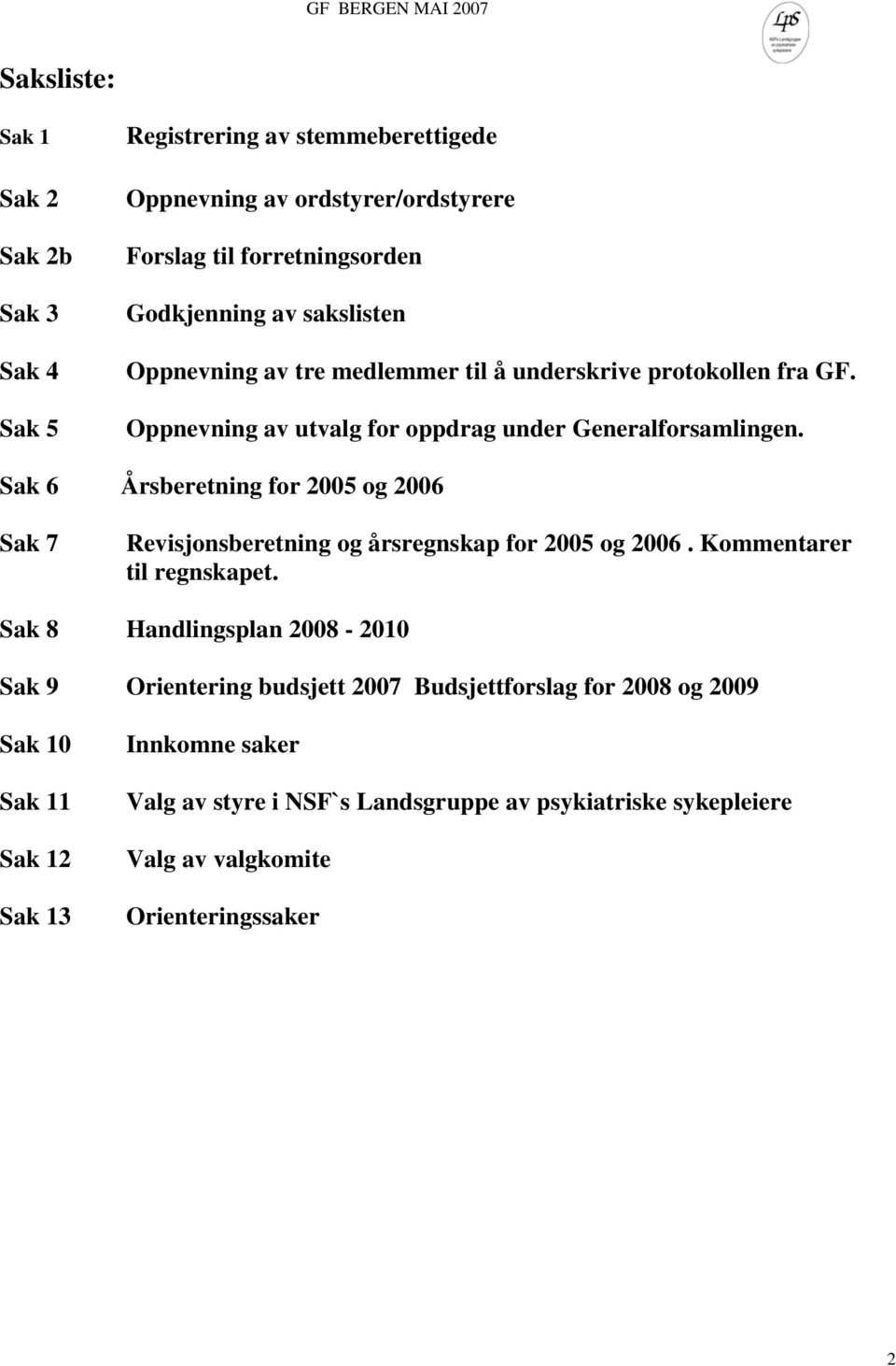 Sak 6 Årsberetning for 2005 og 2006 Sak 7 Revisjonsberetning og årsregnskap for 2005 og 2006. Kommentarer til regnskapet.