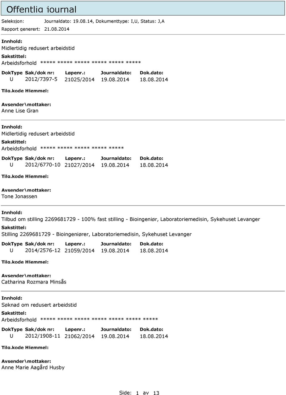 2014 Midlertidig redusert arbeidstid Arbeidsforhold ***** ***** ***** ***** ***** ***** 2012/7397-5 21025/2014 Anne Lise Gran Midlertidig redusert arbeidstid Arbeidsforhold