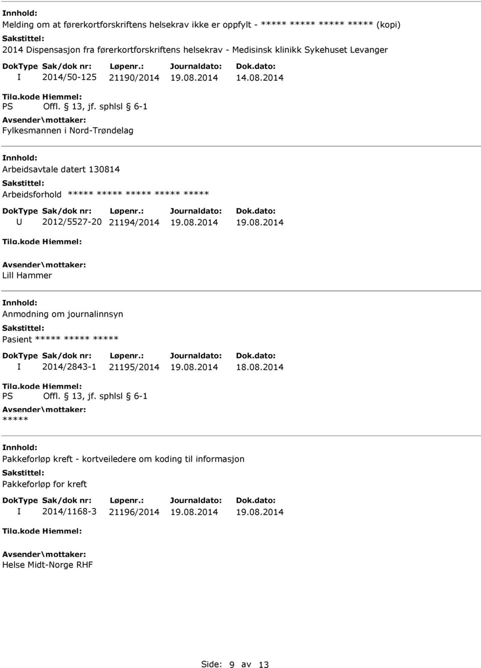 Arbeidsavtale datert 130814 Arbeidsforhold ***** ***** ***** ***** ***** 2012/5527-20 21194/2014 Lill Hammer Anmodning om journalinnsyn