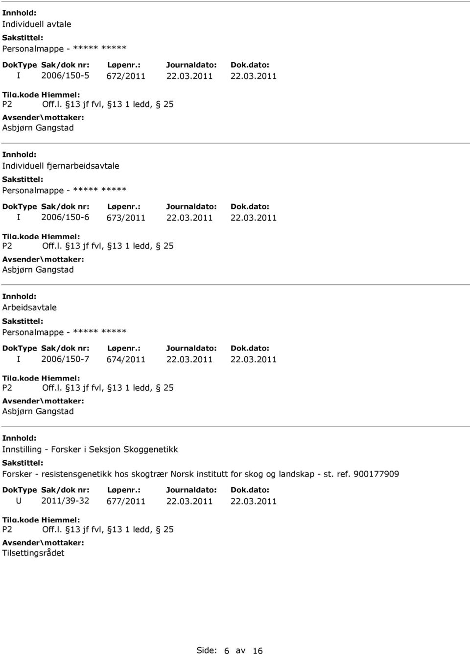 2006/150-7 674/2011 Asbjørn Gangstad nnstilling - Forsker i Seksjon Skoggenetikk Forsker - resistensgenetikk hos