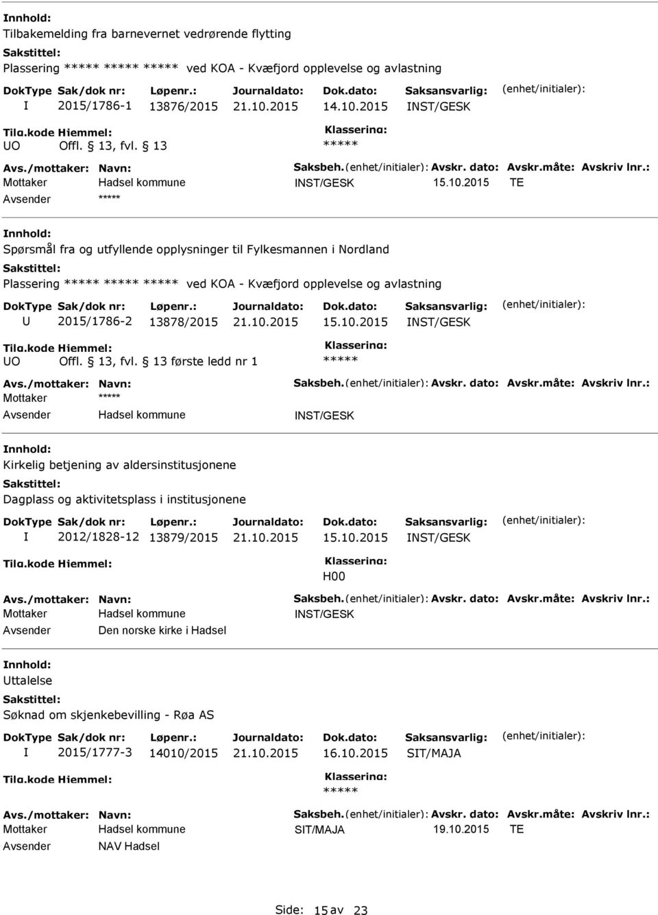 2015 NST/GSK O første ledd nr 1 Mottaker NST/GSK Kirkelig betjening av aldersinstitusjonene Dagplass og aktivitetsplass i institusjonene 2012/1828-12 13879/2015 15.10.