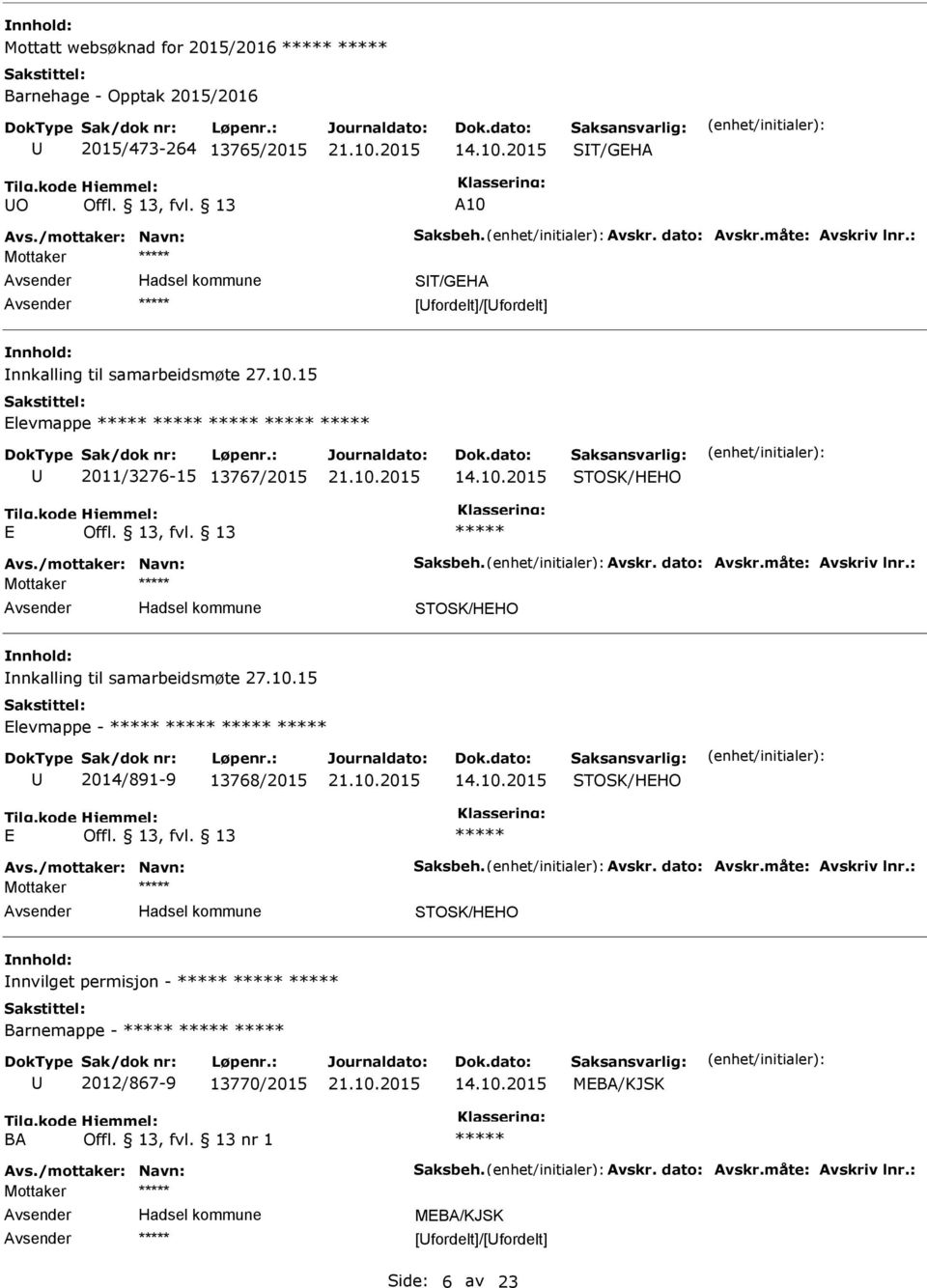 15 levmappe 2011/3276-15 13767/2015 Mottaker nnkalling til samarbeidsmøte 27.10.