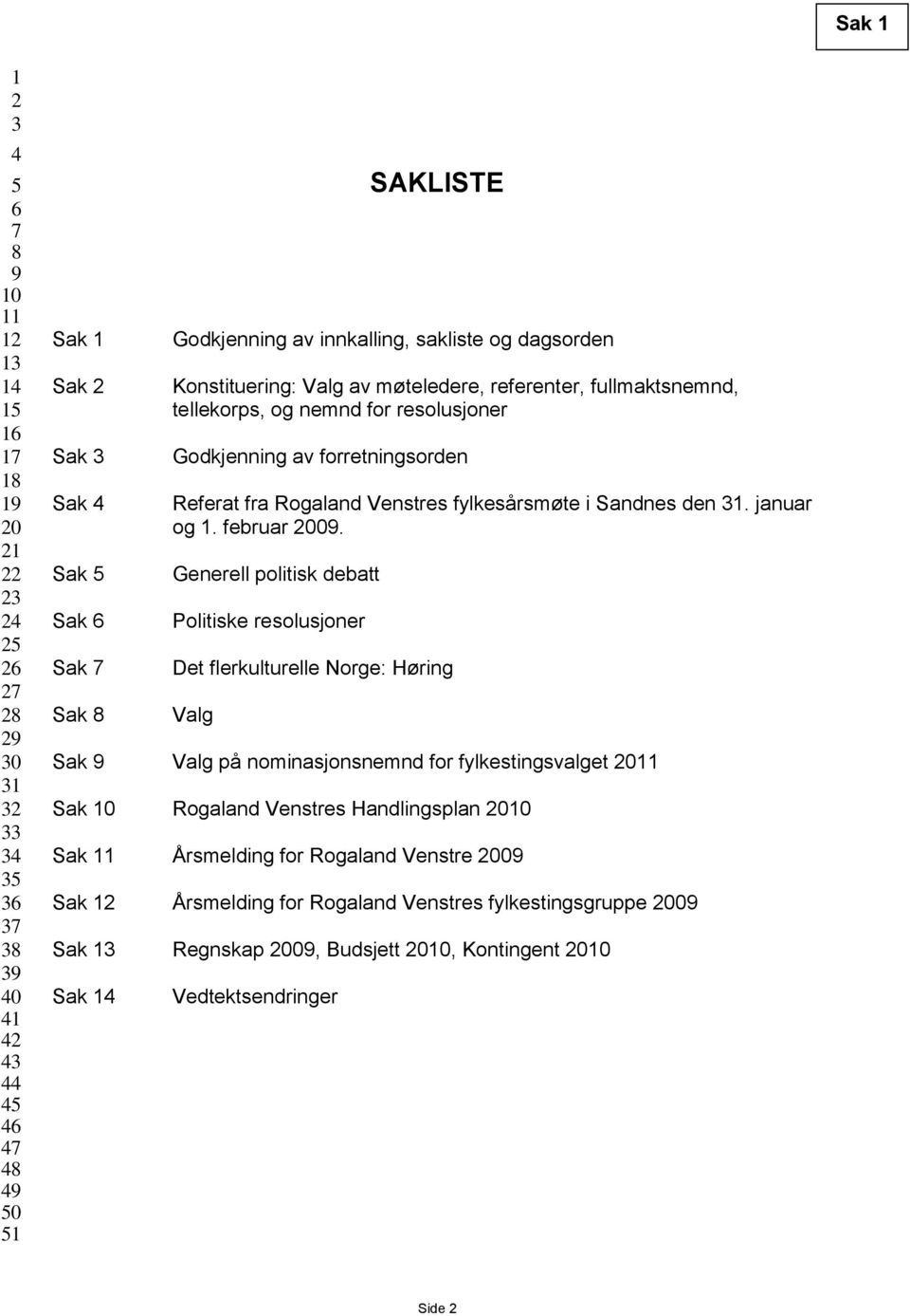 Sak Generell politisk debatt Sak Politiske resolusjoner Sak Det flerkulturelle Norge: Høring Sak Valg Sak Valg på nominasjonsnemnd for fylkestingsvalget 0 Sak Rogaland