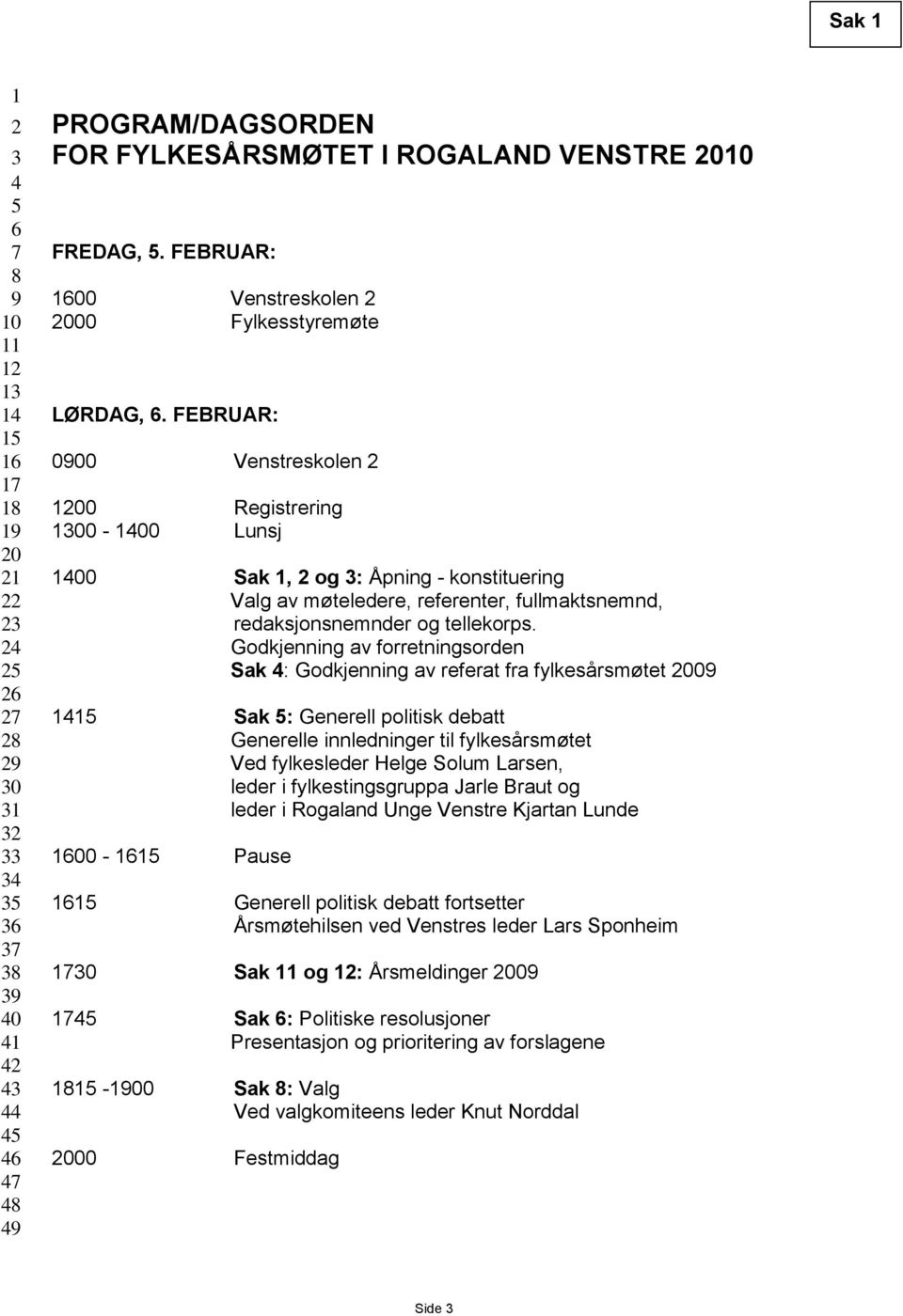 Godkjenning av forretningsorden Sak : Godkjenning av referat fra fylkesårsmøtet 00 Sak : Generell politisk debatt Generelle innledninger til fylkesårsmøtet Ved fylkesleder Helge Solum Larsen, leder i