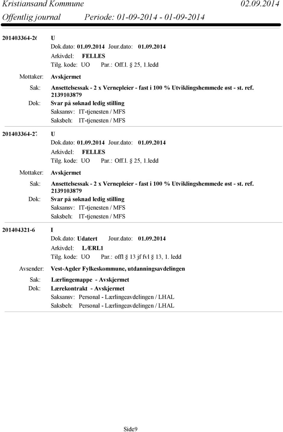 2139103879 Svar på søknad ledig stilling 201404321-6 I Dok.dato: Udatert Jour.dato: 01.09.2014 Arkivdel: LÆRL1 Tilg. kode: UO Par.