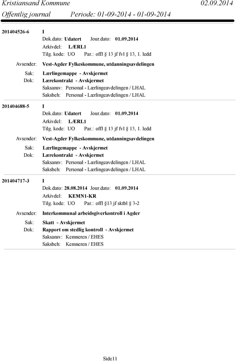 dato: Udatert Jour.dato: 01.09.2014 Arkivdel: LÆRL1 Tilg. kode: UO Par.: offl 13 jf fvl 13, 1.